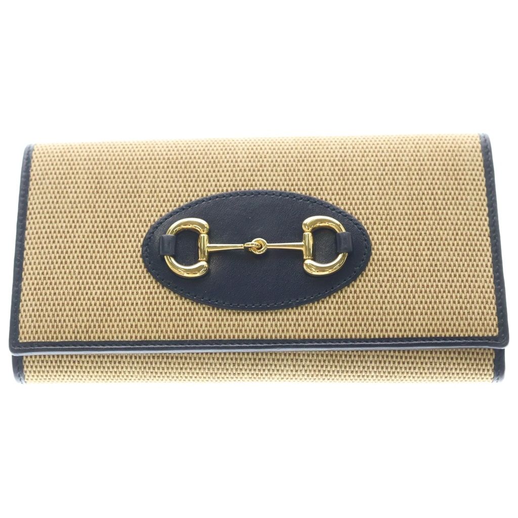 Gucci Horsebit Chain Shoulder Wallet Bag Beige Navy Canvas Leather