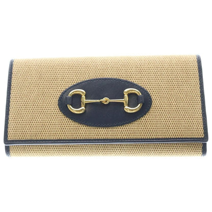 Gucci Horsebit Chain Shoulder Wallet Bag Beige Navy Canvas Leather