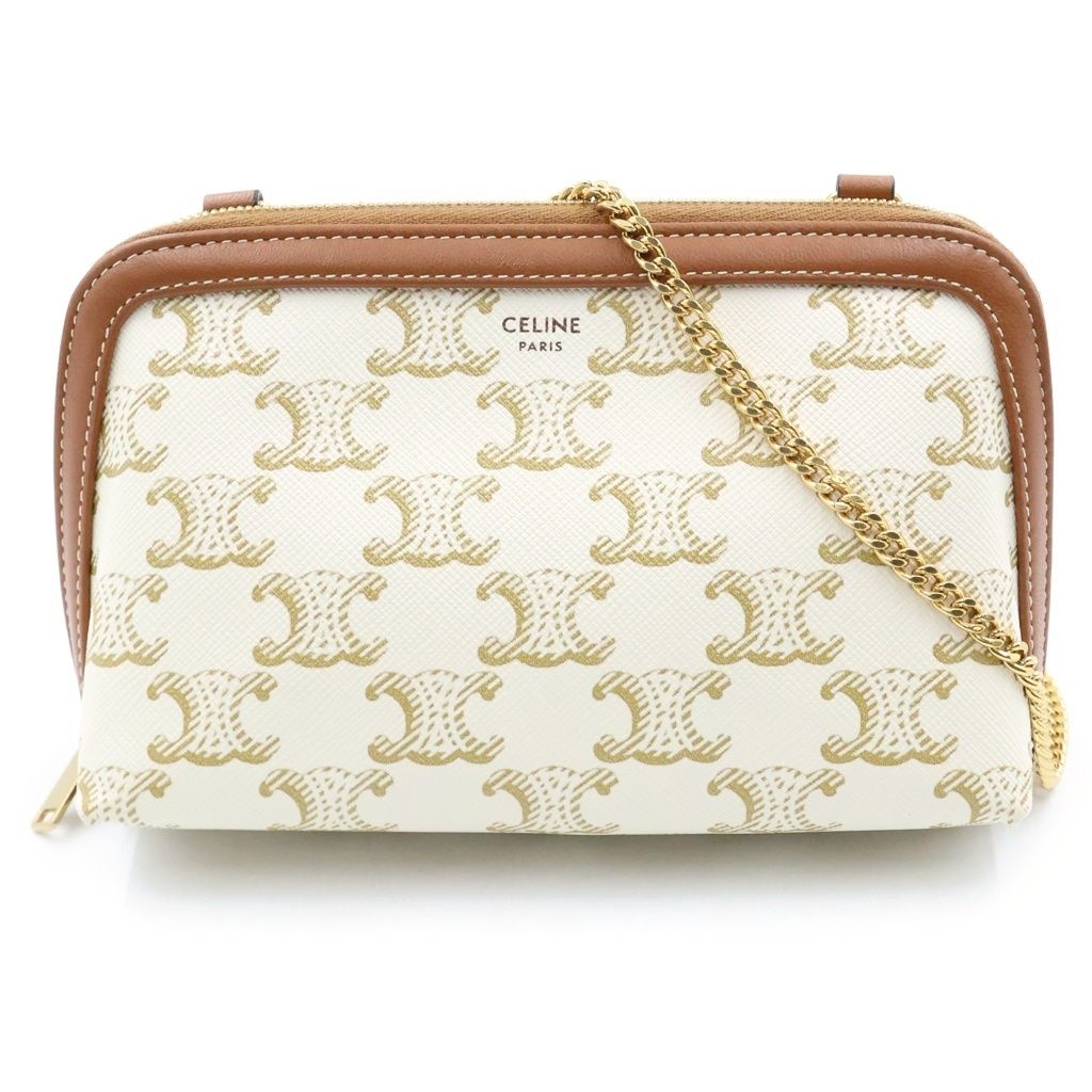 Celine Triomphe Canvas Leather Chain Clutch Shoulder Bag Gold White Brown
