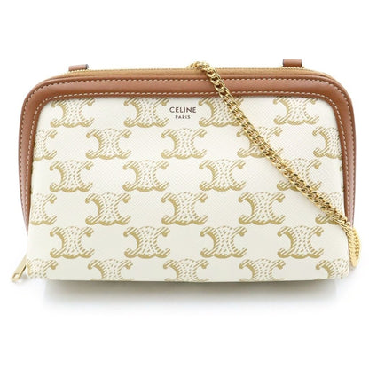 Celine Triomphe Canvas Leather Chain Clutch Shoulder Bag Gold White Brown