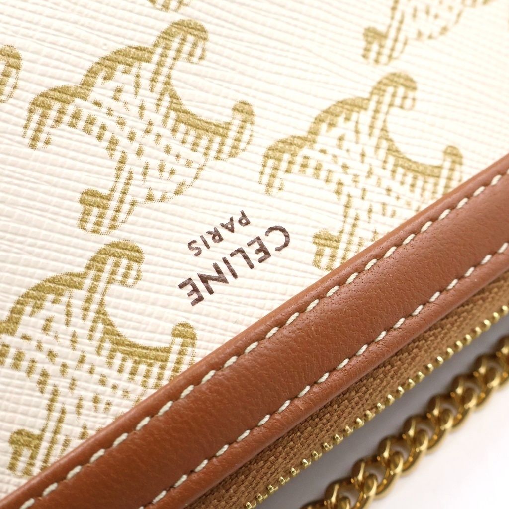 Celine Triomphe Canvas Leather Chain Clutch Shoulder Bag Gold White Brown — view 6