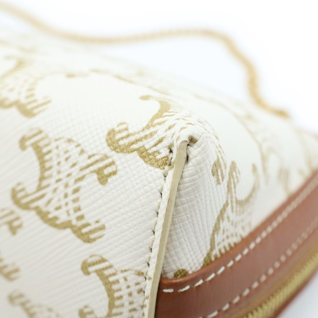 Celine Triomphe Canvas Leather Chain Clutch Shoulder Bag Gold White Brown — view 5