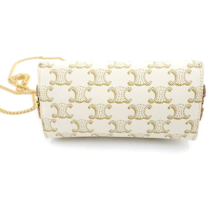 Celine Triomphe Canvas Leather Chain Clutch Shoulder Bag Gold White Brown — view 4