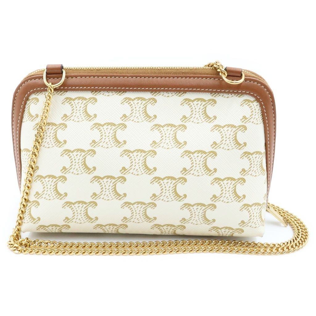 Celine Triomphe Canvas Leather Chain Clutch Shoulder Bag Gold White Brown — view 2