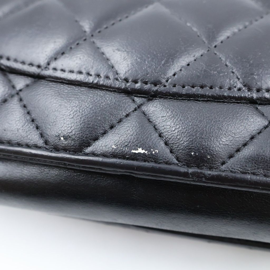 Chanel Quilted Chain Wallet Shoulder Bag Black Lambskin a Silver — view 7