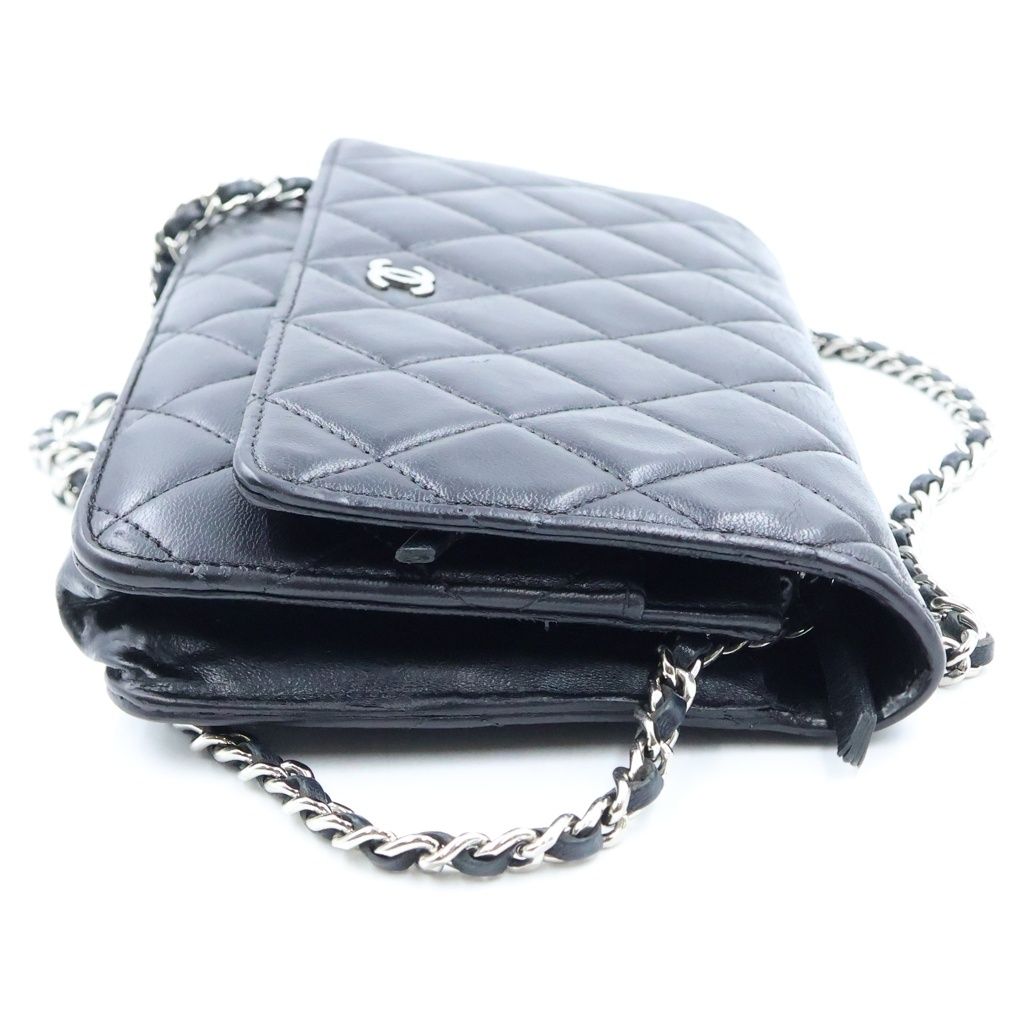 Chanel Quilted Chain Wallet Shoulder Bag Black Lambskin a Silver — view 3