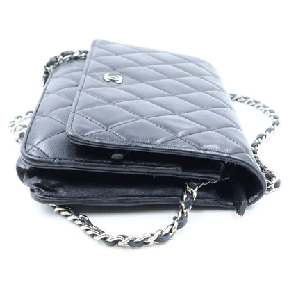 Chanel Quilted Chain Wallet Shoulder Bag Black Lambskin a Silver — view 3