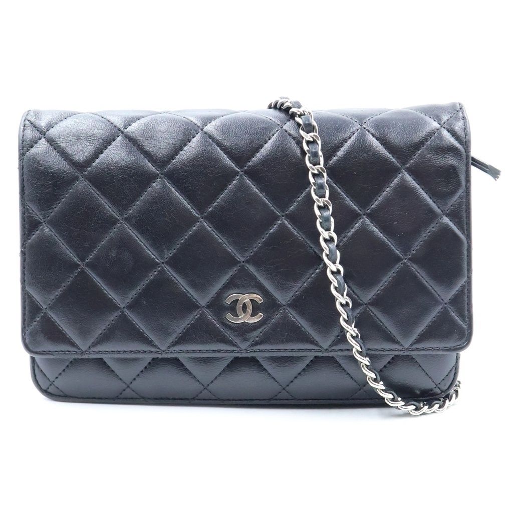 Chanel Quilted Chain Wallet Shoulder Bag Black Lambskin a Silver