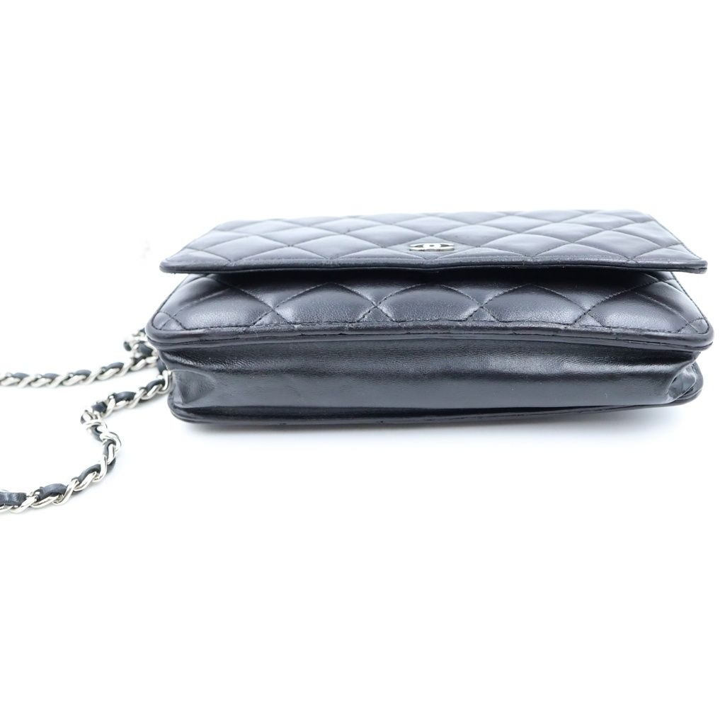 Chanel Quilted Chain Wallet Shoulder Bag Black Lambskin a Silver — view 4