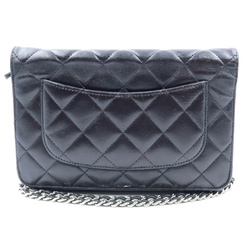 Chanel Quilted Chain Wallet Shoulder Bag Black Lambskin a Silver — view 2