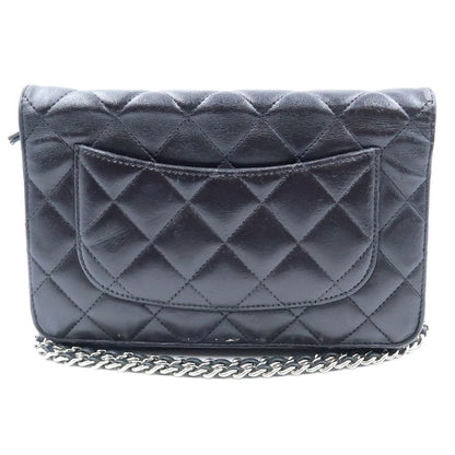 Chanel Quilted Chain Wallet Shoulder Bag Black Lambskin a Silver — view 2