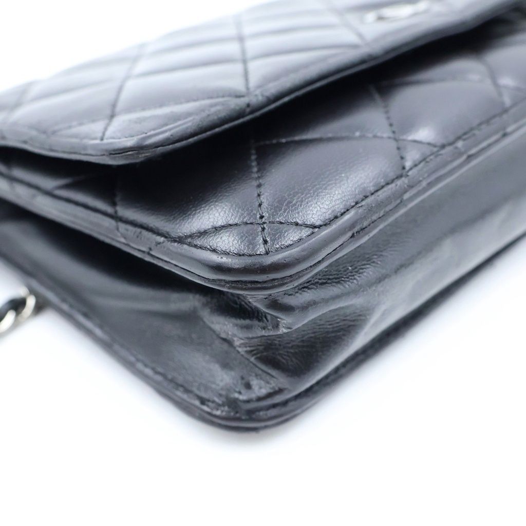 Chanel Quilted Chain Wallet Shoulder Bag Black Lambskin a Silver — view 5