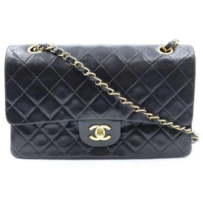 Chanel Quilted 25 Double Flap Chain Shoulder Bag Black Lambskin Gold