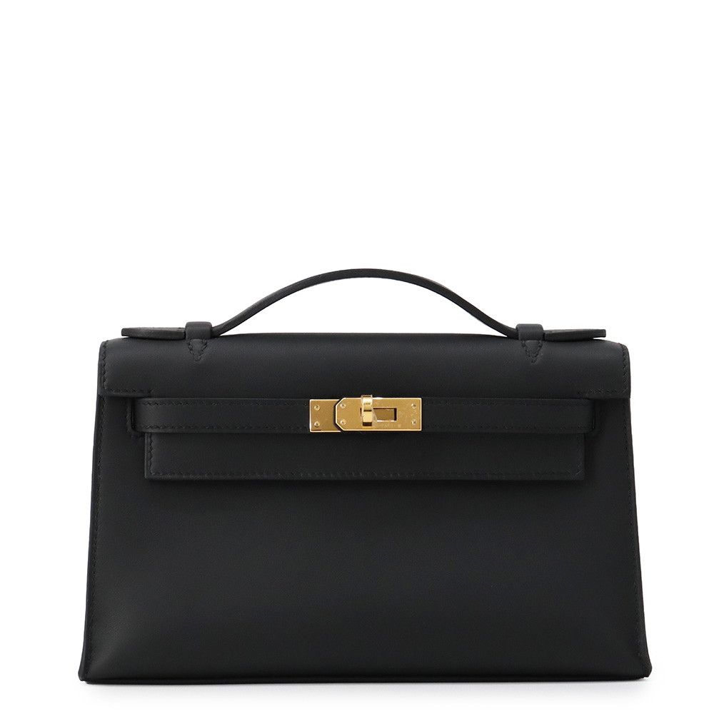 Hermes Handbag Pochette Kelly Black Gold Swift Bag