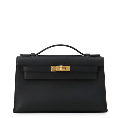 Hermes Handbag Pochette Kelly Black Gold Swift Bag
