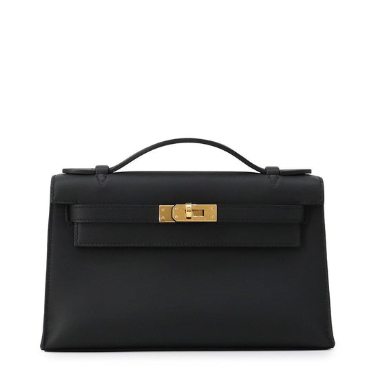 Hermes Handbag Pochette Kelly Black Gold Swift Bag