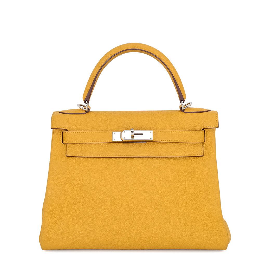 Hermes Handbag Kelly 28 Retourne Jaune Ambre Silver Togo 2-Way Bag