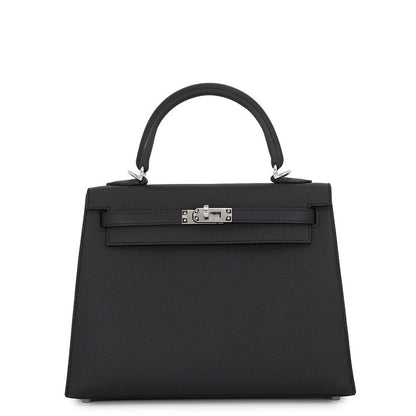 Hermes Handbag Kelly 25 Sellier Black Silver Epsom 2-Way Bag
