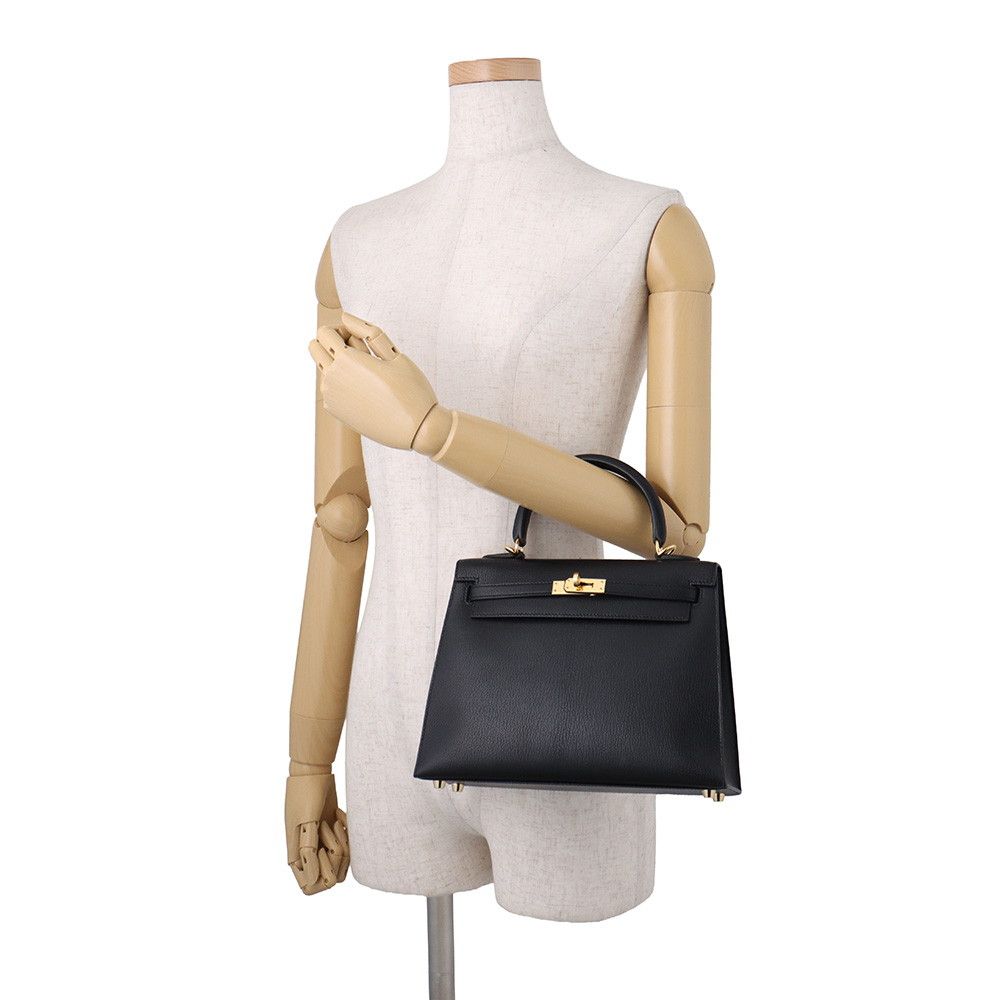 Hermes Handbag Kelly 25 Sellier Black Gold Chevre Mysore 2-Way Bag — view 4