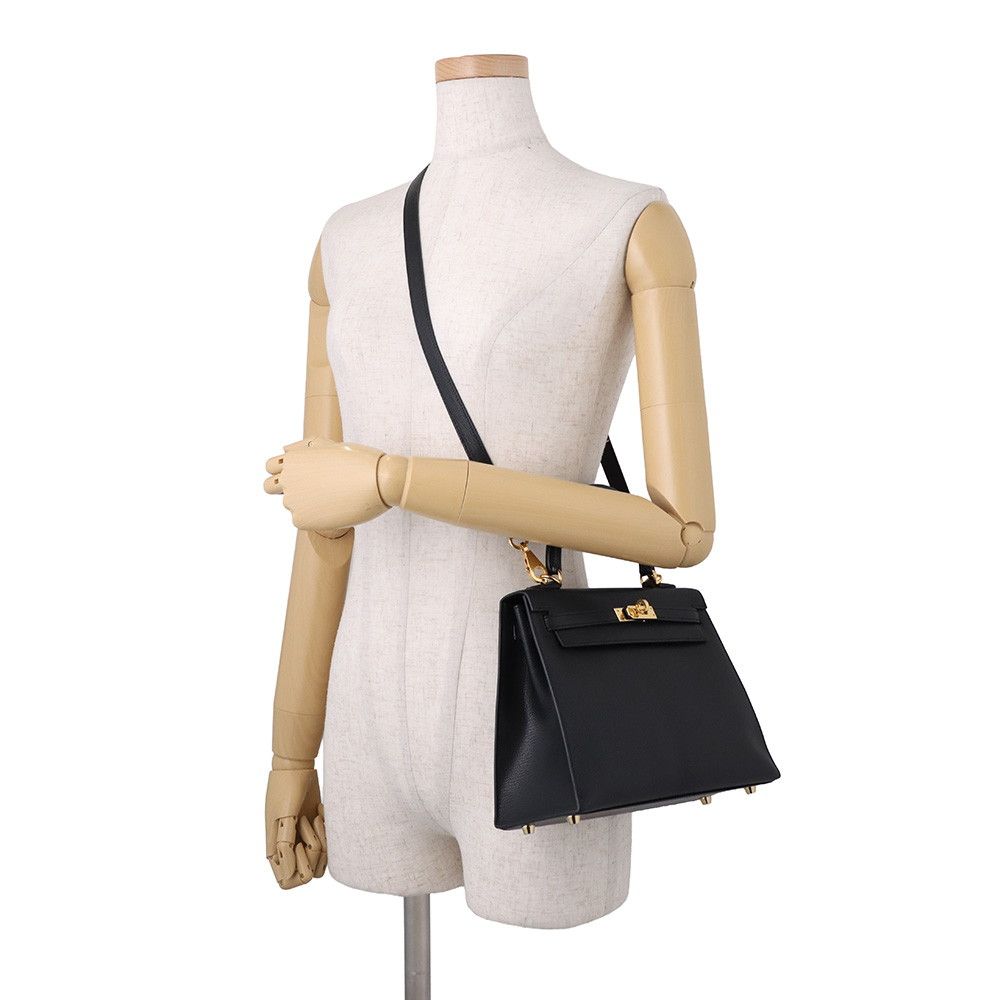 Hermes Handbag Kelly 25 Sellier Black Gold Chevre Mysore 2-Way Bag — view 5