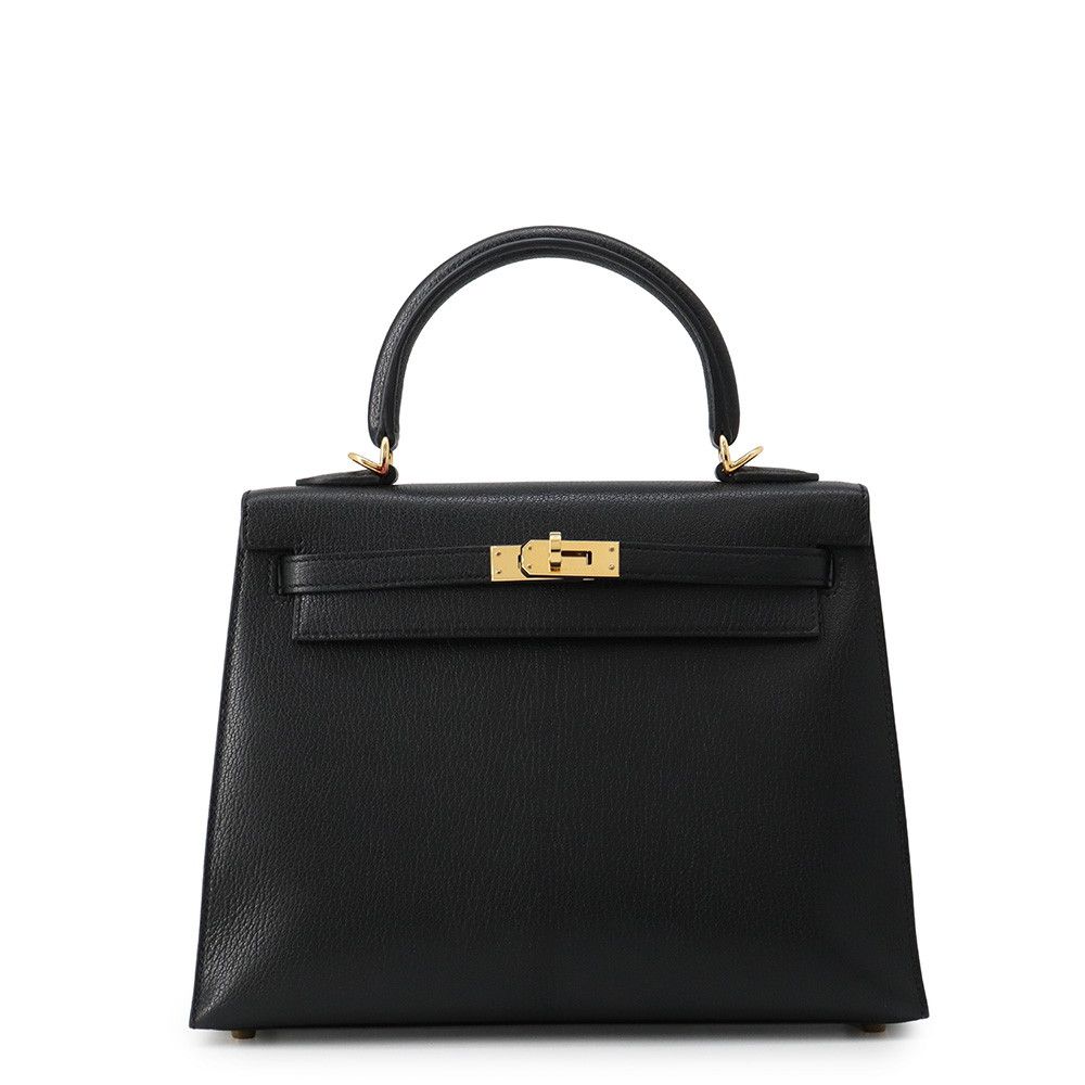 Hermes Handbag Kelly 25 Sellier Black Gold Chevre Mysore 2-Way Bag
