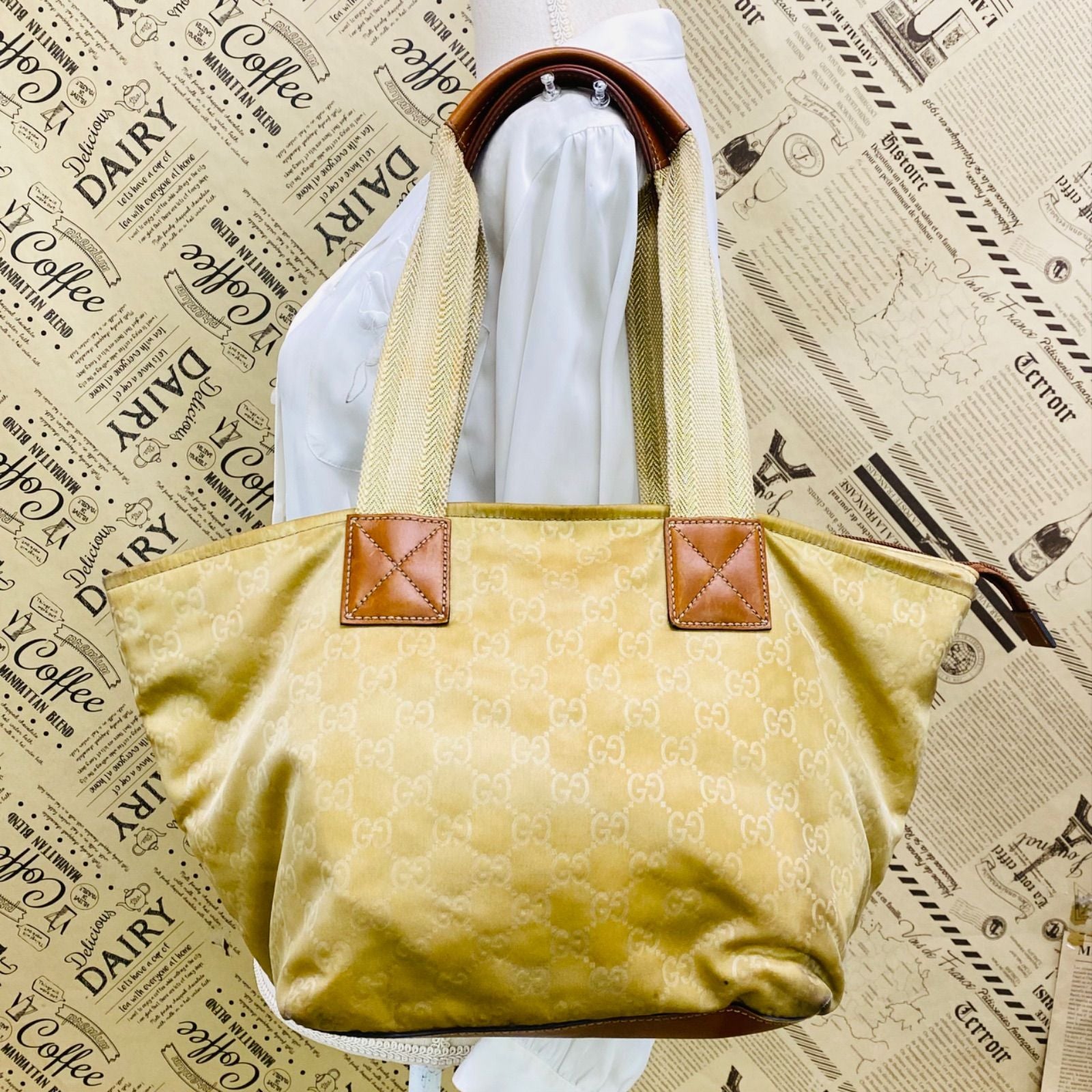 Gucci GG Canvas Tote Bag Webbing Line Nylon Beige GH 98 — view 2