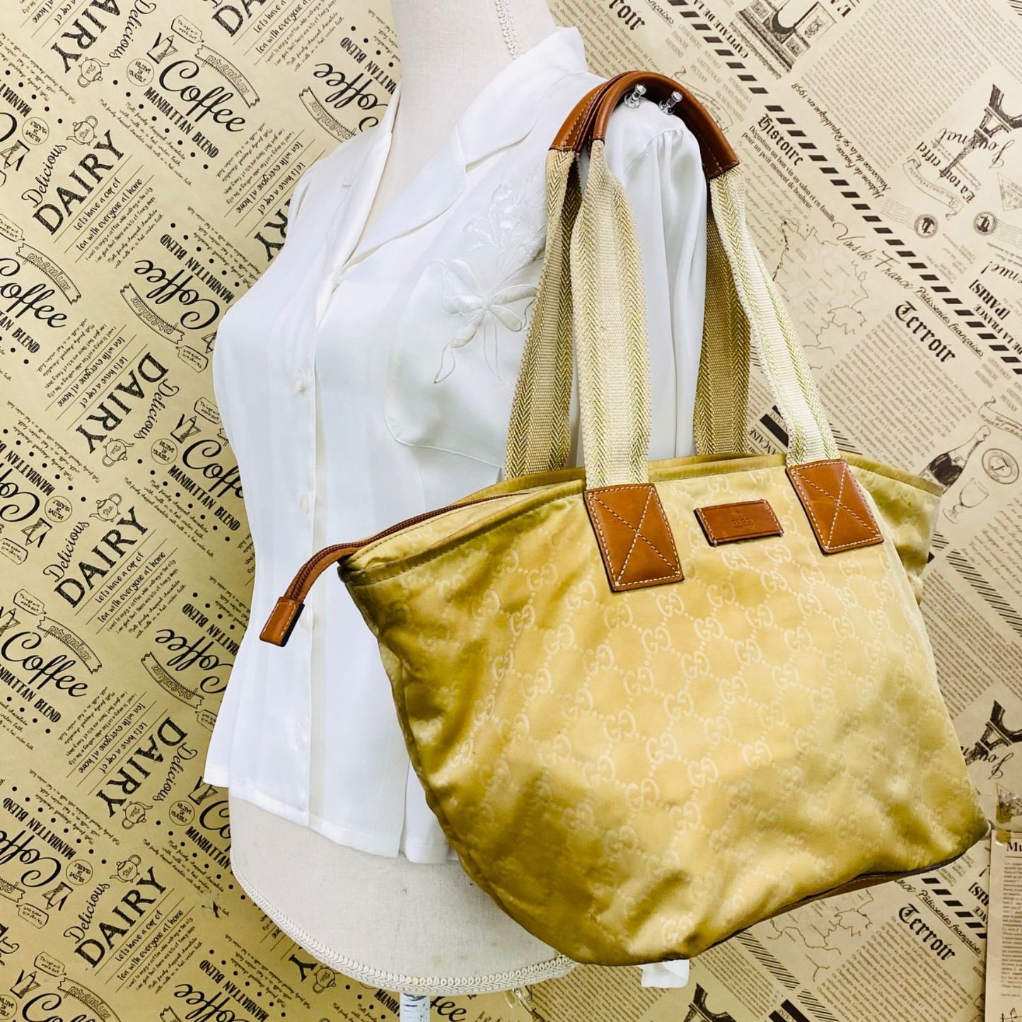 Gucci GG Canvas Tote Bag Webbing Line Nylon Beige GH 98 — view 3