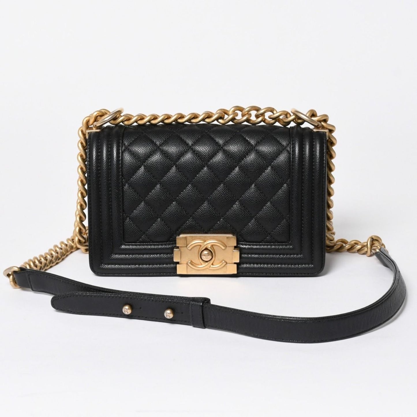 Chanel Boy Shoulder Bag Small Caviar Leather CC Logo Black Gold