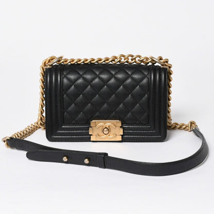 Chanel Boy Shoulder Bag Small Caviar Leather CC Logo Black Gold