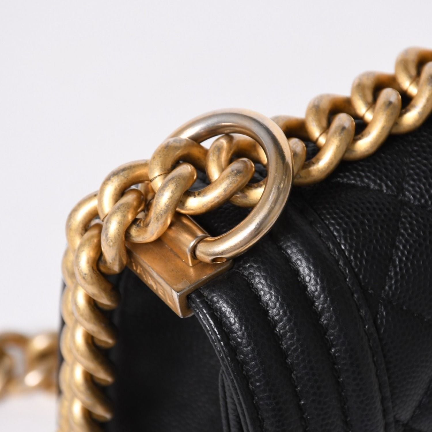 Chanel Boy Shoulder Bag Small Caviar Leather CC Logo Black Gold — view 6