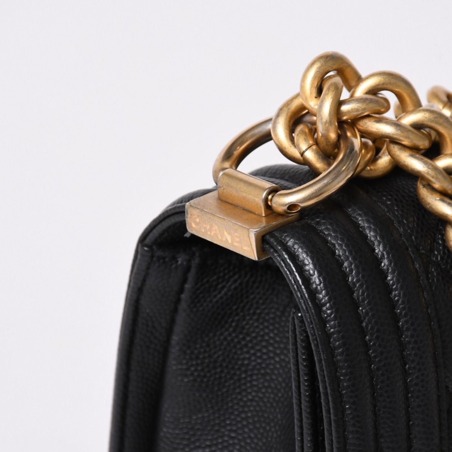 Chanel Boy Shoulder Bag Small Caviar Leather CC Logo Black Gold — view 7