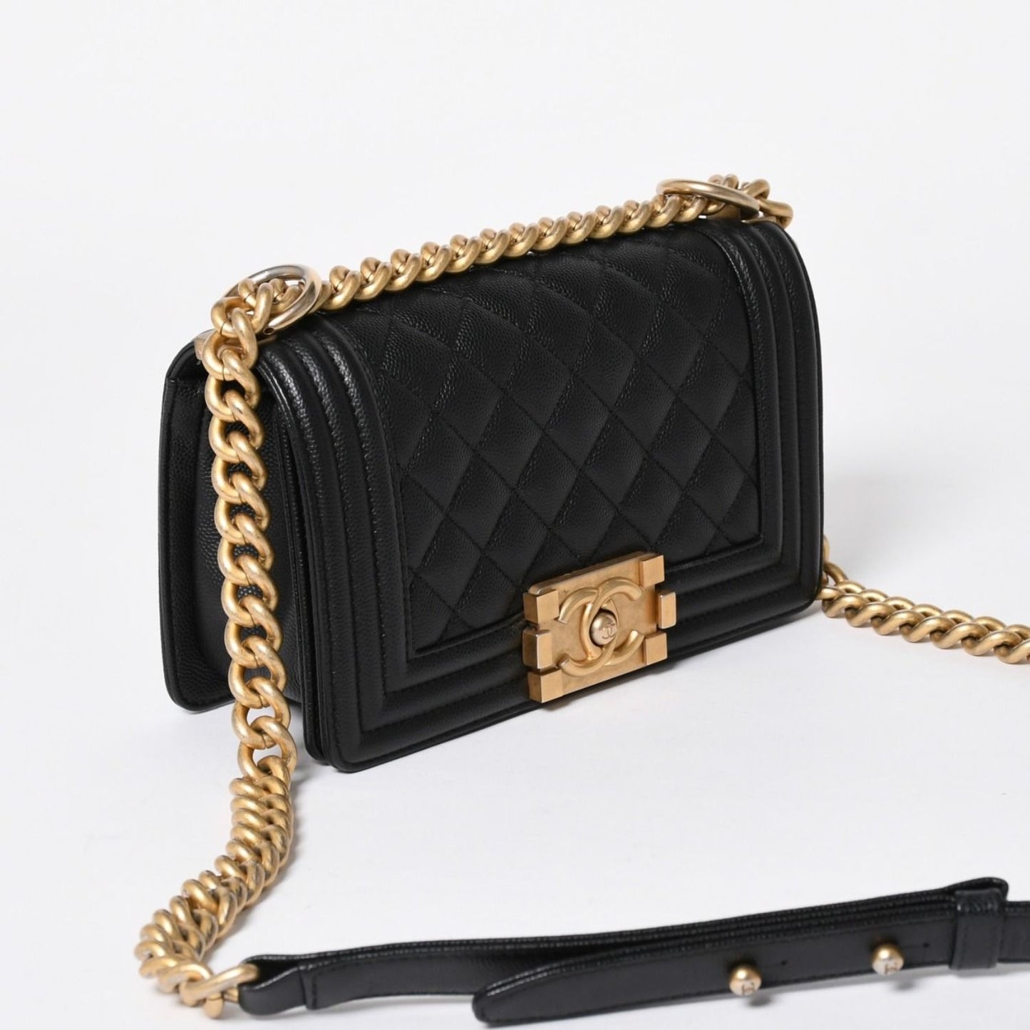 Chanel Boy Shoulder Bag Small Caviar Leather CC Logo Black Gold — view 3