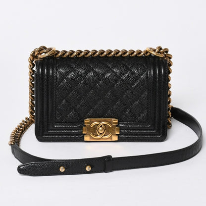 Chanel Boy Shoulder Bag Chain Caviar Leather CC Logo Black Gold