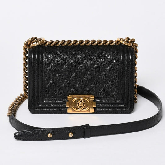 Chanel Boy Shoulder Bag Chain Caviar Leather CC Logo Black Gold
