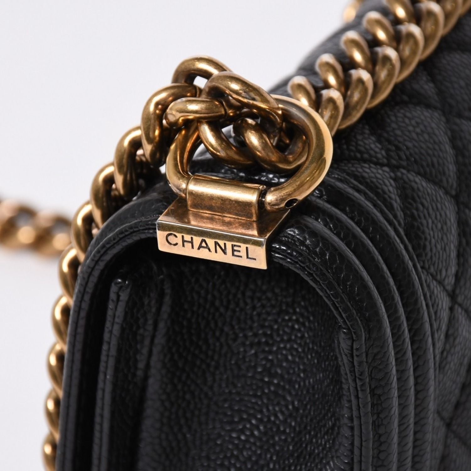 Chanel Boy Shoulder Bag Chain Caviar Leather CC Logo Black Gold — view 5