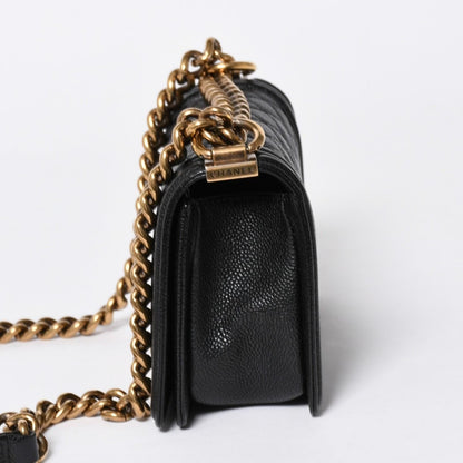 Chanel Boy Shoulder Bag Chain Caviar Leather CC Logo Black Gold — view 4