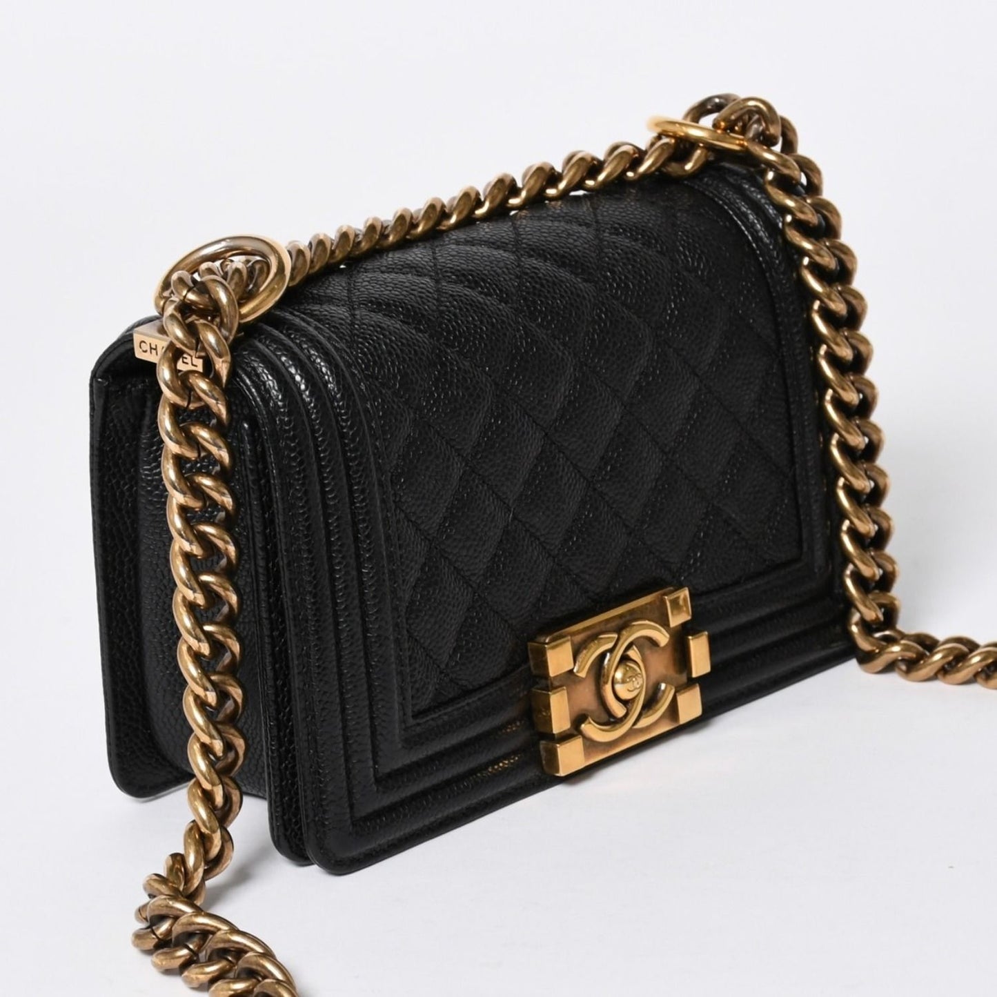 Chanel Boy Shoulder Bag Chain Caviar Leather CC Logo Black Gold — view 3
