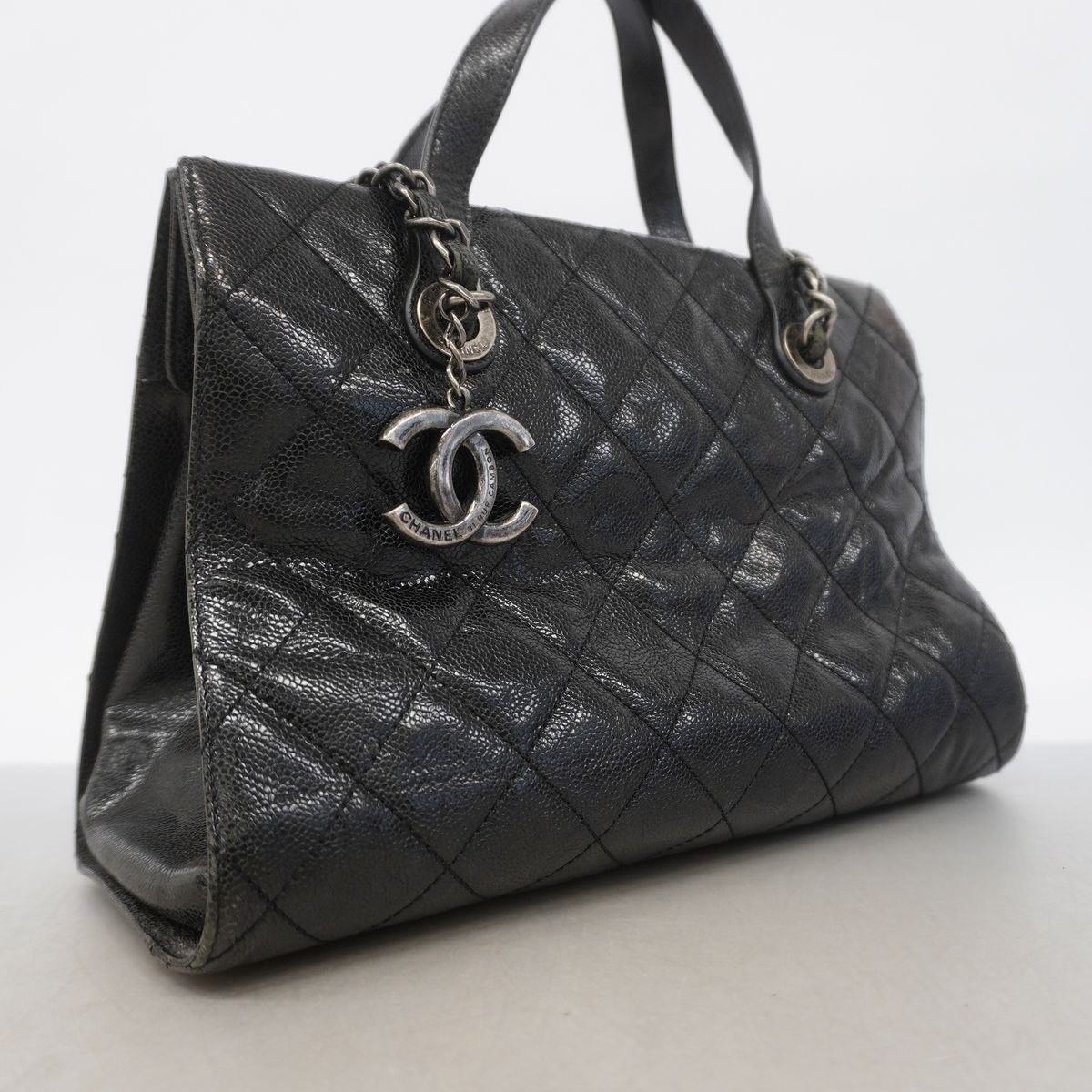 Chanel Handle Quilted Caviar Leather Black Silver 2-Way Bag — view 2