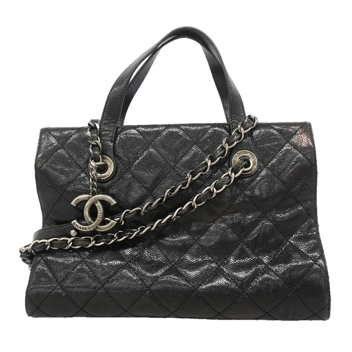 Chanel Handle Quilted Caviar Leather Black Silver 2-Way Bag