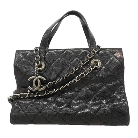 Chanel Handle Quilted Caviar Leather Black Silver 2-Way Bag