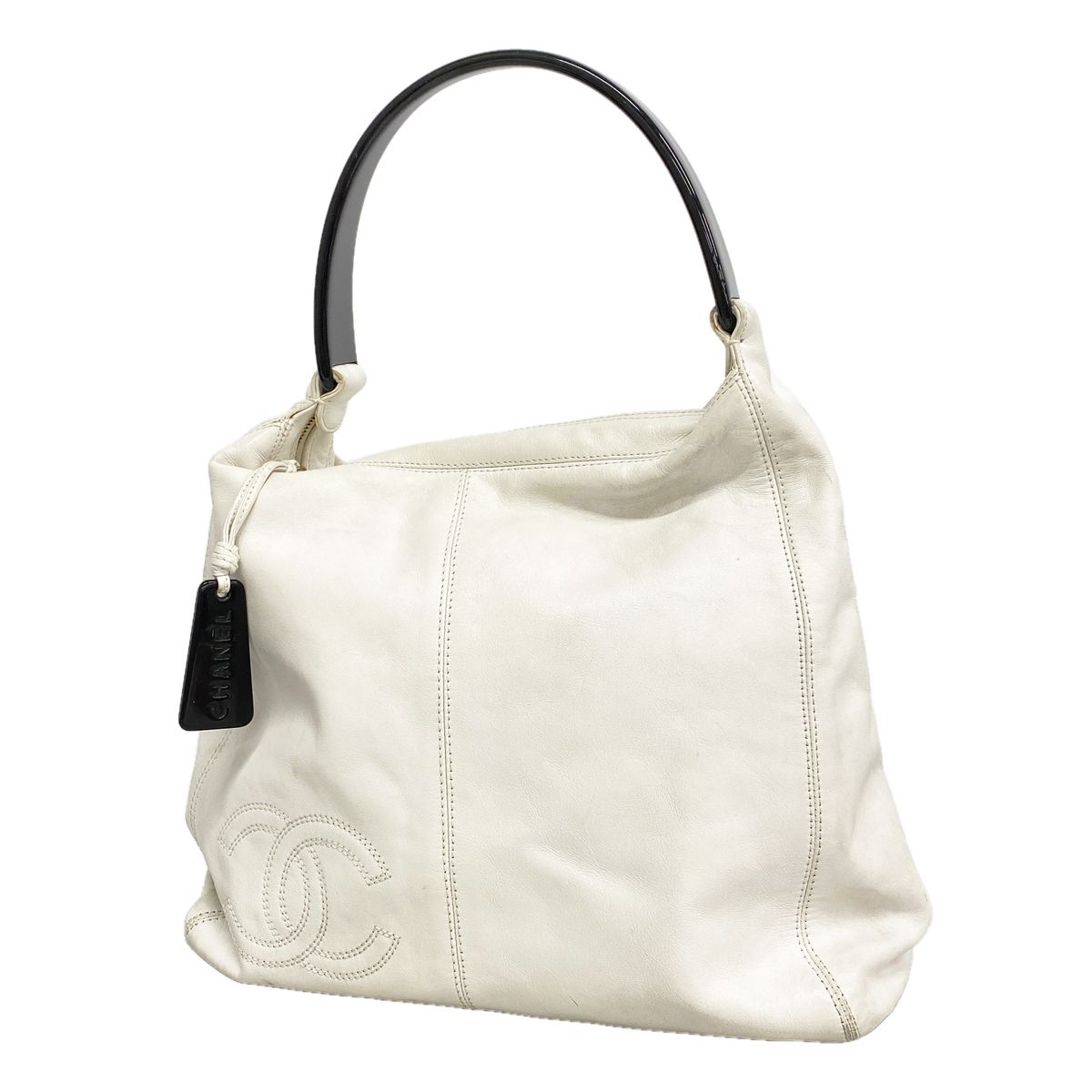 Chanel Shoulder Bag Leather White Gold