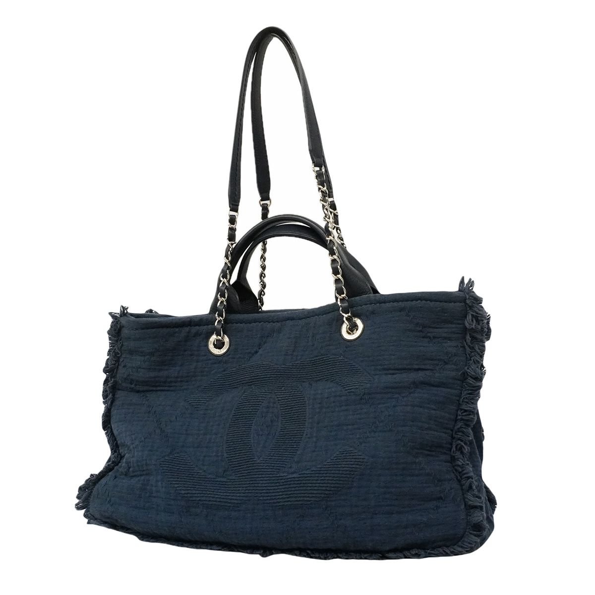 Chanel Chain Tote Bag Deauville Cotton Navy Silver 2-Way