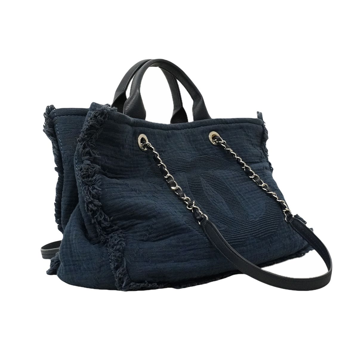 Chanel Chain Tote Bag Deauville Cotton Navy Silver 2-Way — view 2