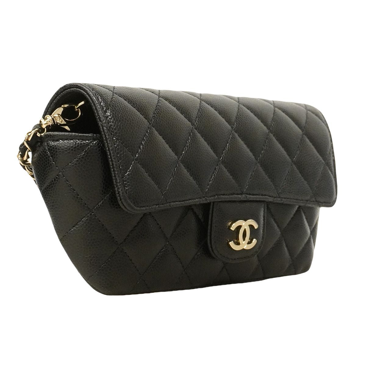 Chanel Shoulder Bag Quilted Caviar Leather Black Champagne Gold — view 2