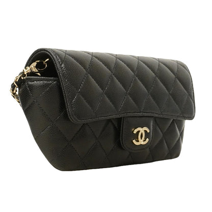 Chanel Shoulder Bag Quilted Caviar Leather Black Champagne Gold — view 2
