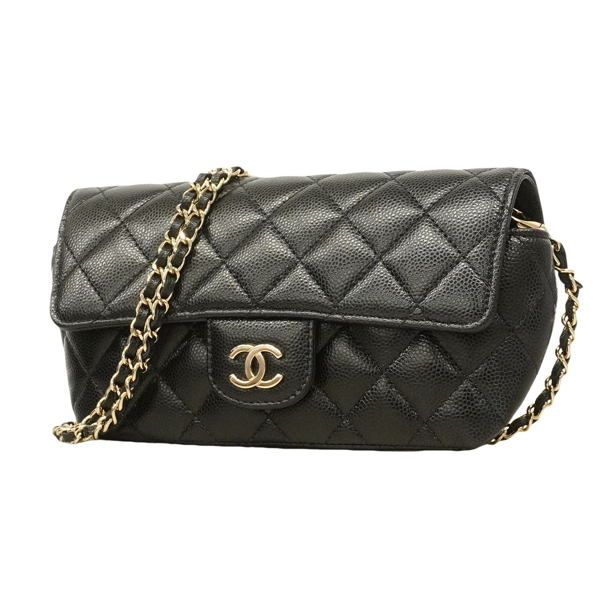 Chanel Shoulder Bag Quilted Caviar Leather Black Champagne Gold