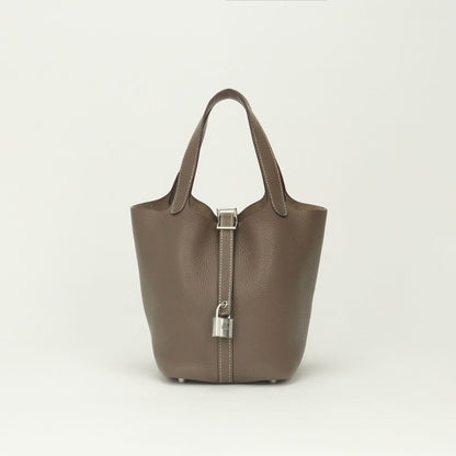 Hermes Picotin Lock PM 18 Tote Bag Taurillon Clemence Etoupe Gray Silver