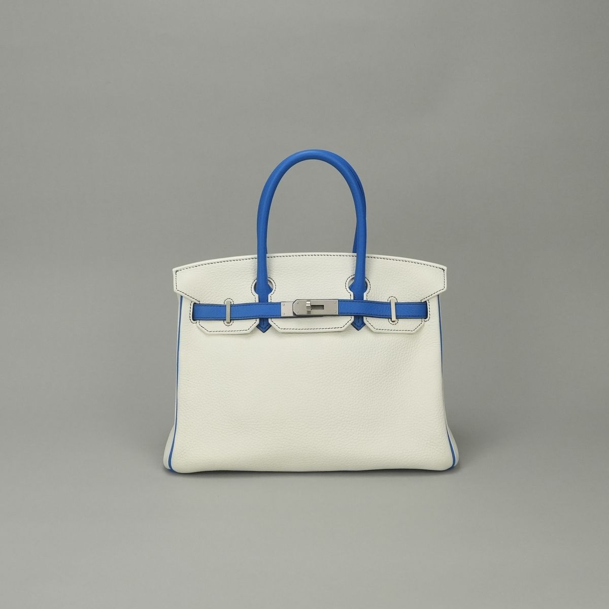Hermes Birkin 30 Tote Bag Taurillon Clemence Blanc Blue Bleu Zellige White Matte