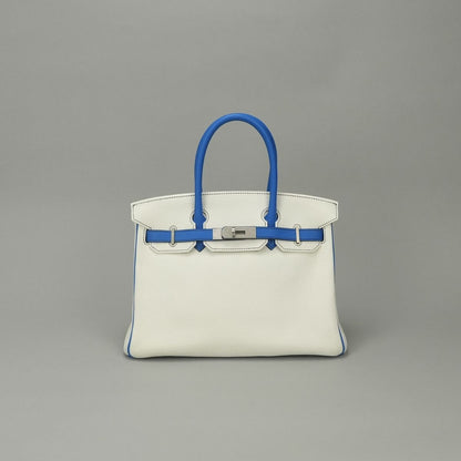 Hermes Birkin 30 Tote Bag Taurillon Clemence Blanc Blue Bleu Zellige White Matte