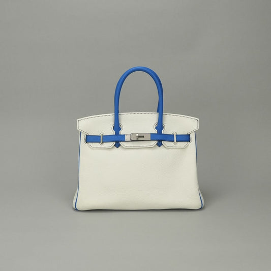 Hermes Birkin 30 Tote Bag Taurillon Clemence Blanc Blue Bleu Zellige White Matte